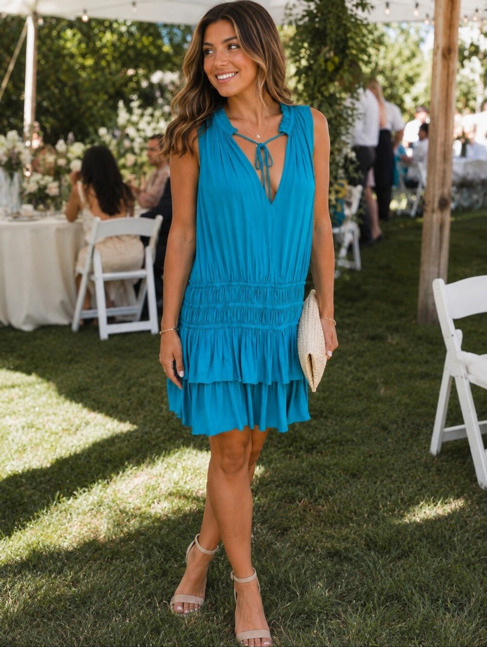 The Impeccable Pig Teal Sleeveless Tiered Smocked Mini Dress